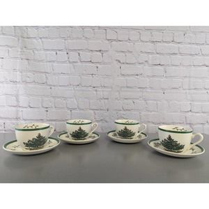 Set of 4 Spode Christmas Tree Holly Mistletoe Green Rim Cup and Saucer S3324